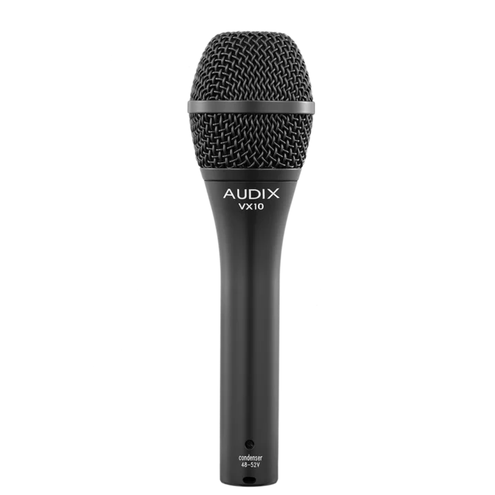 AUD Elite condenser vocal microphone shown from side angle displaying capsule and body design