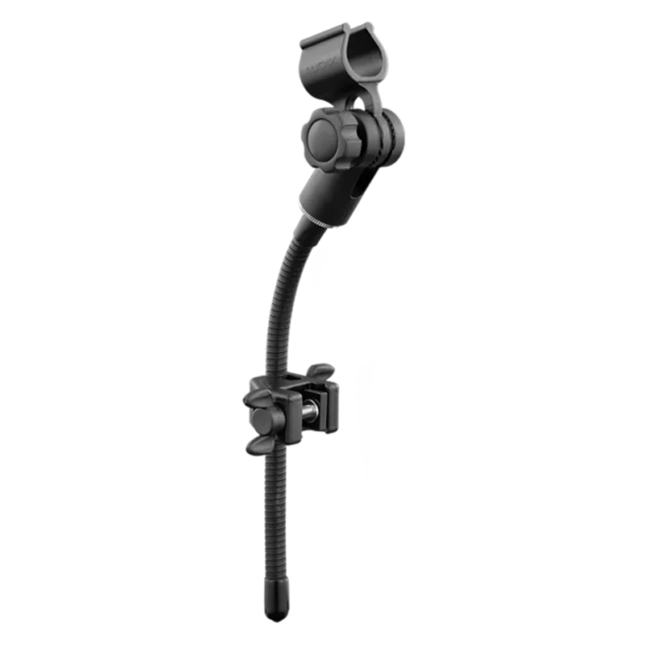 AUD flexible mini-gooseneck drum tension lug clamp mount showing attachment mechanism and adjustable positioning