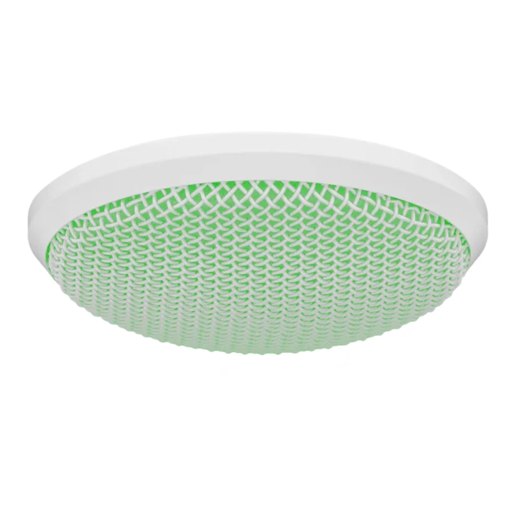 AUD flush-mount ceiling microphone with DN4 Dante connectivity showing internal components and mounting hardware detail