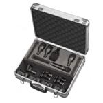 AUD Fusion 5-piece drum microphone package showing all included microphones and accessories laid out