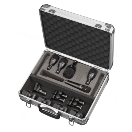AUD Fusion 5-piece drum microphone package showing all included microphones and accessories laid out