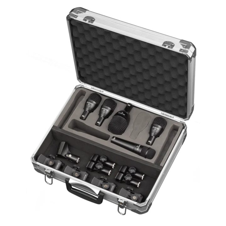 AUD Fusion 5-piece drum microphone package showing all included microphones and accessories laid out
