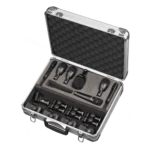 AUD 7-piece Fusion drum microphone package showing all included microphones and accessories laid out