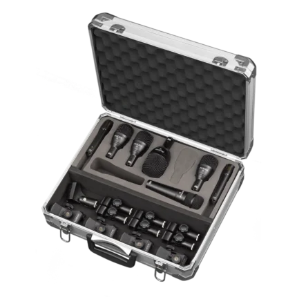 AUD 7-piece Fusion drum microphone package showing all included microphones and accessories laid out