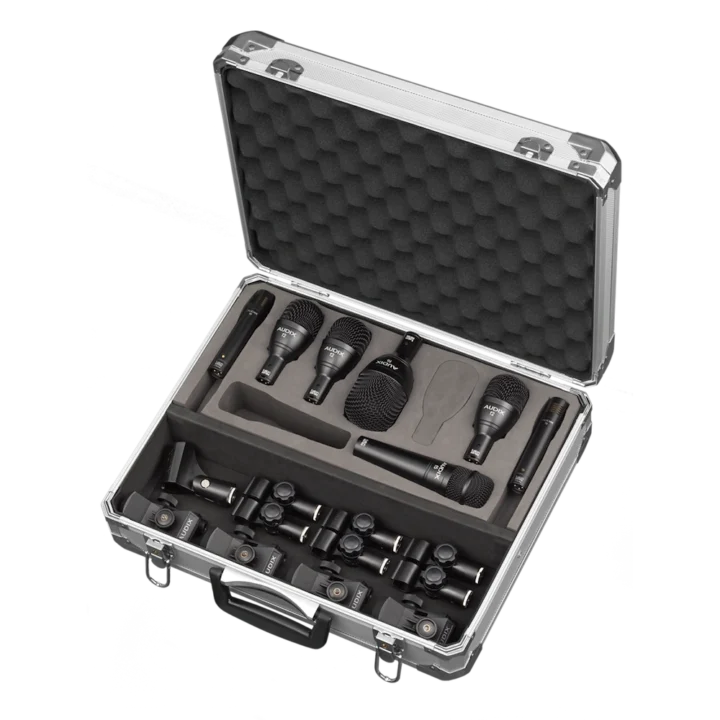 AUD 7-piece Fusion drum microphone package showing all included microphones and accessories laid out