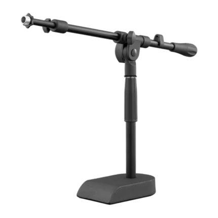 AUD heavy duty pedestal microphone stand base showing weighted stability feet and adjustment mechanism