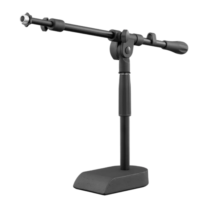 AUD heavy duty pedestal microphone stand base showing weighted stability feet and adjustment mechanism