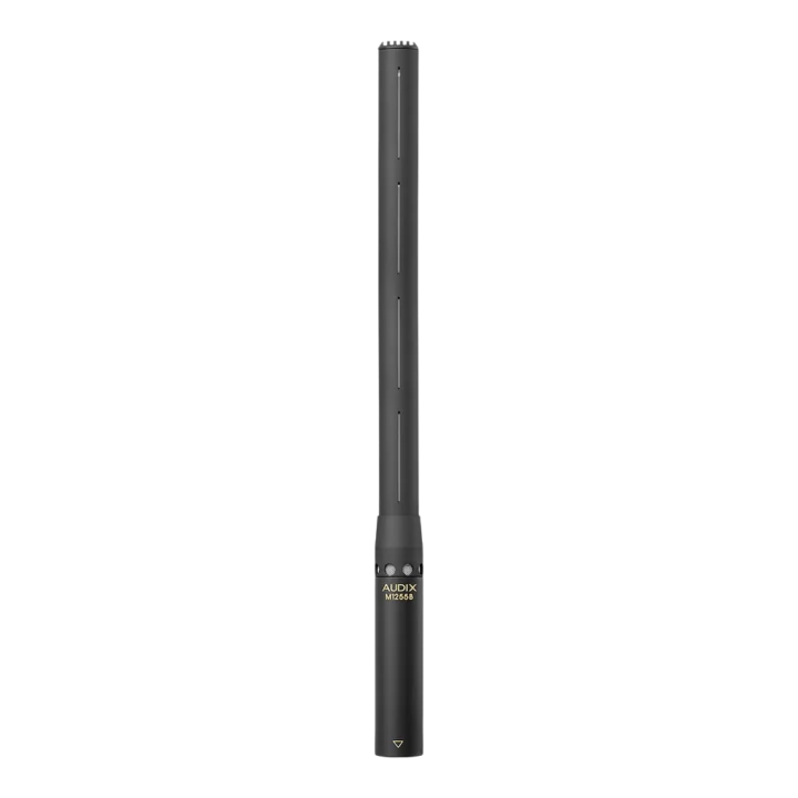 AUD High Output Mini-Condenser microphone shown from side angle displaying compact cylindrical design and connector