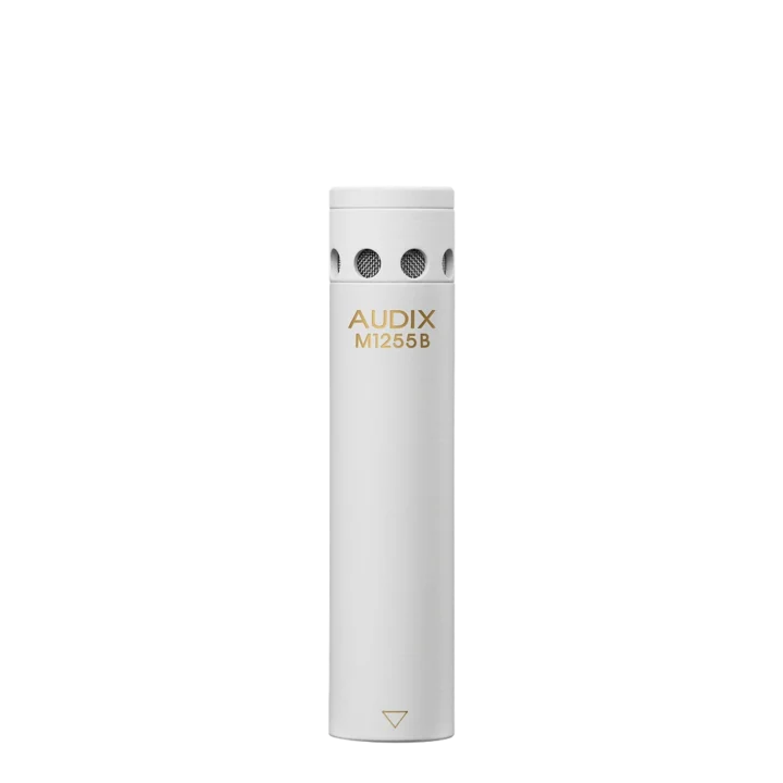 AUD high output mini-condenser microphone shown from side angle with compact capsule design