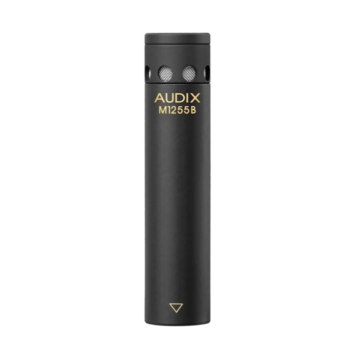 AUD high output mini-condenser microphone shown from side angle with capsule and mounting hardware visible