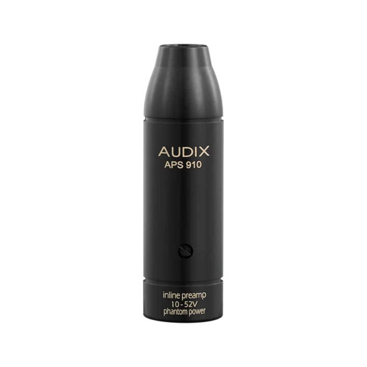 AUD in-line phantom power adapter showing rear XLR connectors and power input jack