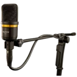 AUD large diaphragm condenser microphone rear panel showing XLR connector and specifications