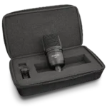 AUD large diaphragm studio condenser microphone positioned on boom arm in professional recording studio setup