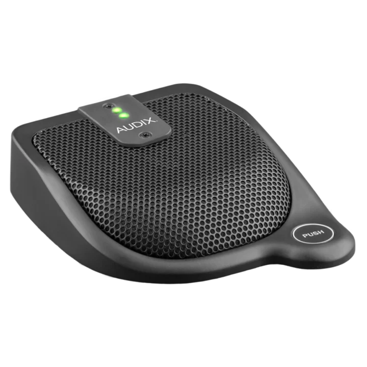 AUD Logic-Enabled condenser boundary microphone showing top panel controls and logic connectors