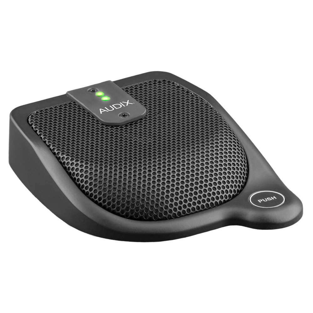 AUD Logic-Enabled Condenser Boundary Microphone Top View AUD logic-enabled condenser boundary microphone showing top panel controls and logic input connections