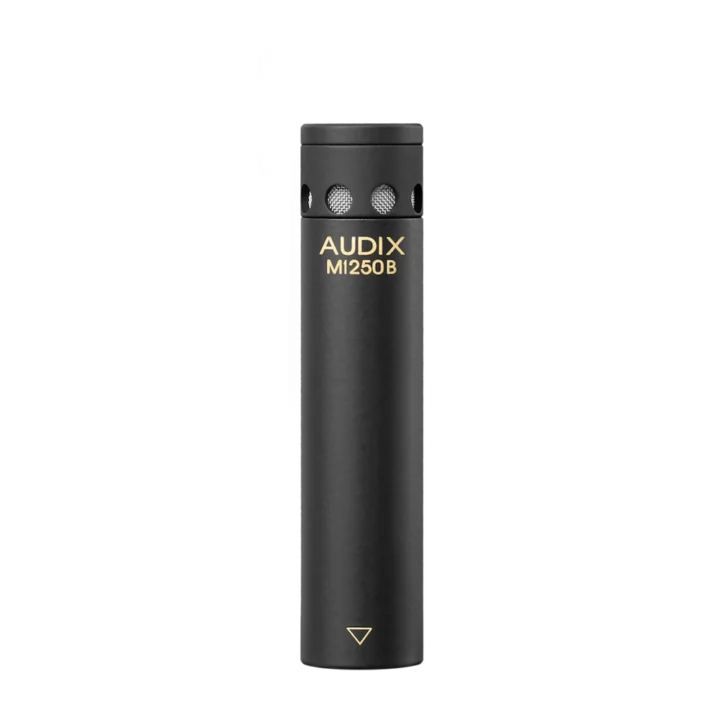 AUD M1250B miniaturized condenser microphone shown from side profile with compact capsule design