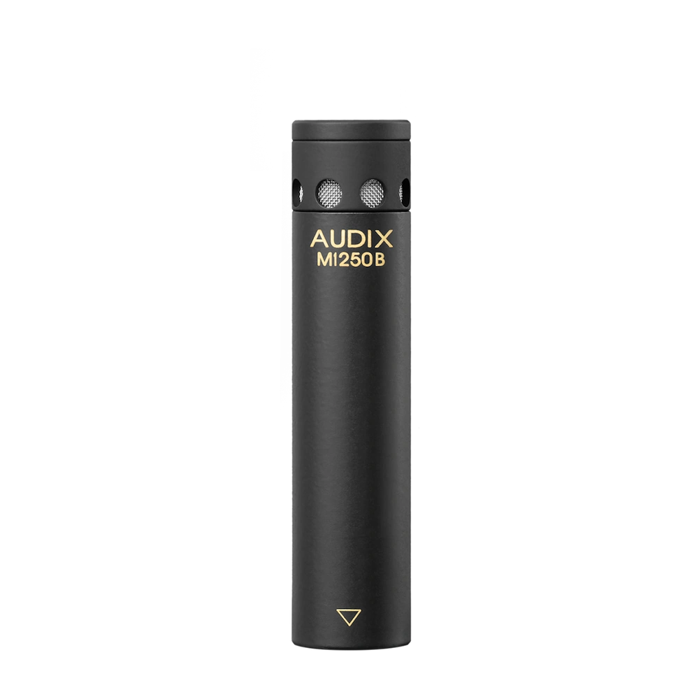 AUD M1250BO Miniaturized Condenser Microphone Side View AUD M1250BO miniaturized condenser microphone shown from side profile with capsule and body detail