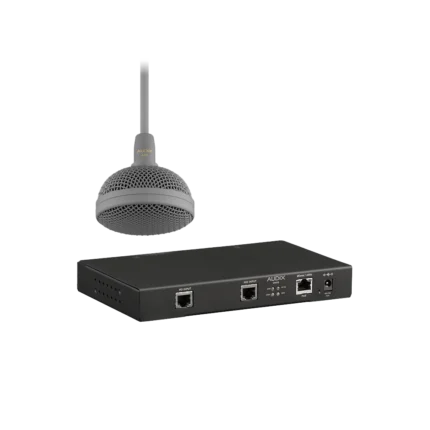 AUD Mic Interface Kit for Dante showing rear panel XLR connections and Dante networking ports