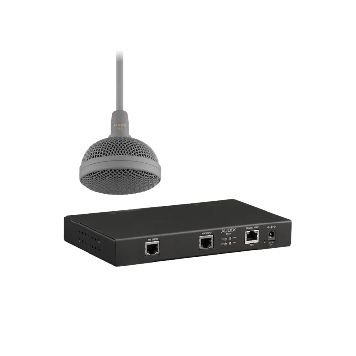 AUD Mic Interface Kit for Dante showing rear panel XLR connections and Dante networking ports