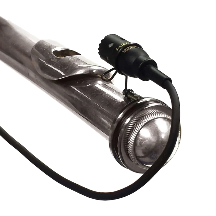 AUD miniaturized condenser flute microphone showing capsule and mounting hardware detail