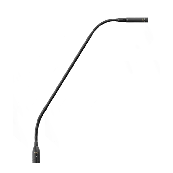 AUD modular gooseneck microphone system showing flexible neck connector and mounting hardware details