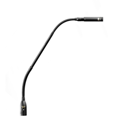 AUD modular gooseneck microphone system showing flexible neck connector and mounting hardware details