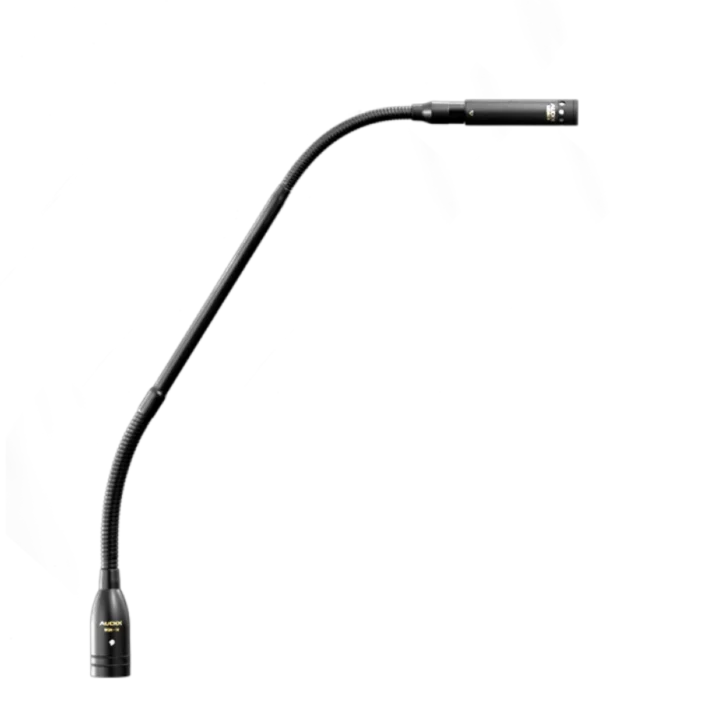 AUD modular gooseneck microphone system showing flexible neck connector and mounting hardware details
