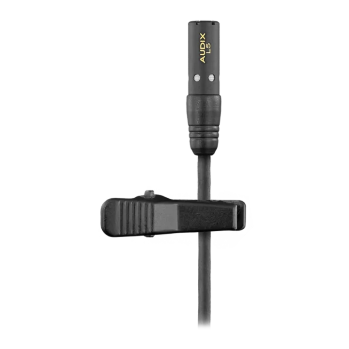 AUD omnidirectional micro lavalier condenser microphone showing capsule and mounting clip detail