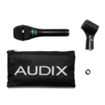 AUD OMX-E dynamic vocal microphone rear panel showing XLR connector and specifications