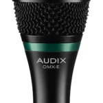 AUD OMX-E dynamic vocal microphone shown from side profile angle