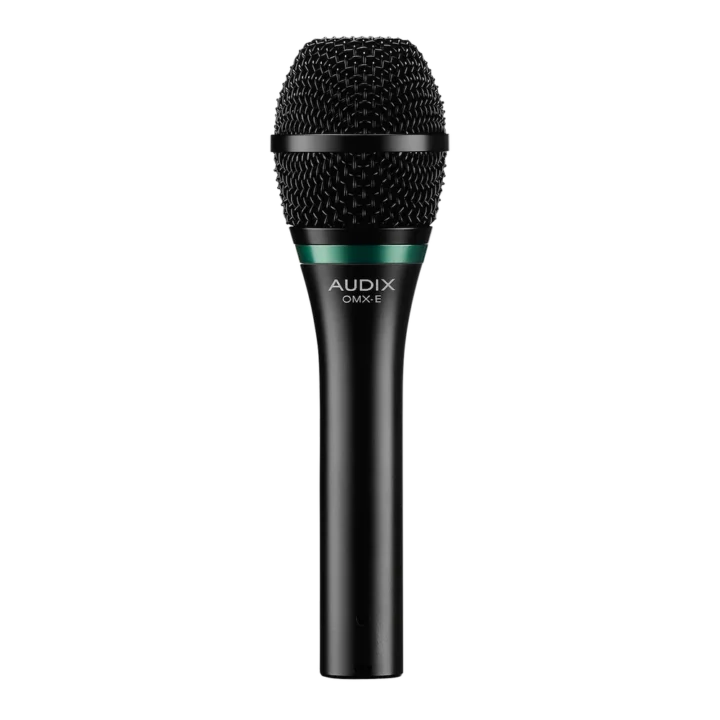 AUD OMX-E dynamic vocal microphone shown from side angle with grille and body detail