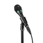 AUD OMX-E dynamic vocal microphone mounted on stand in live performance application