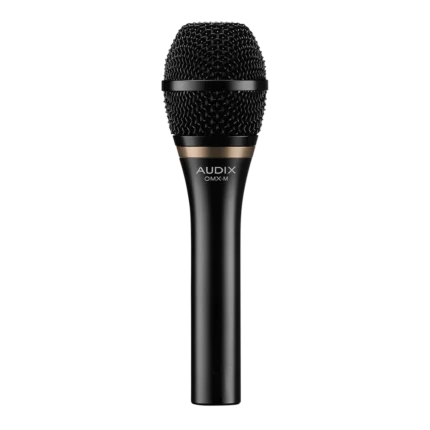 AUD OMX-M dynamic vocal microphone shown from side angle with grille and body detail