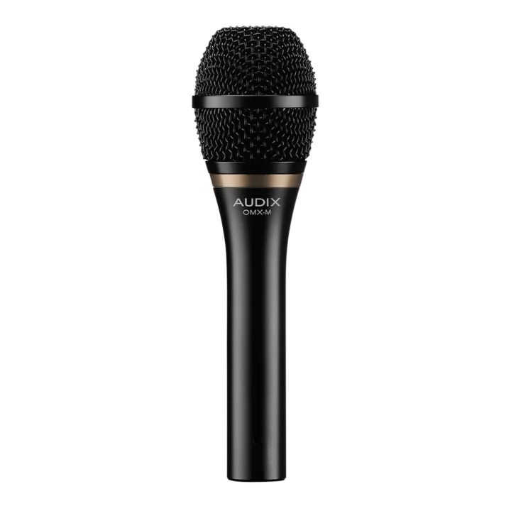 AUD OMX-M dynamic vocal microphone shown from side angle with grille and body detail