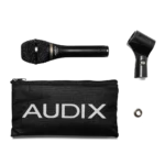 AUD OMX-M dynamic vocal microphone showing mesh grille and capsule detail