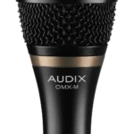 AUD OMX-M dynamic vocal microphone rear panel showing XLR connector and specifications