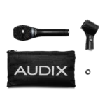 AUD OMX-T dynamic vocal microphone shown from side profile with grille and body detail