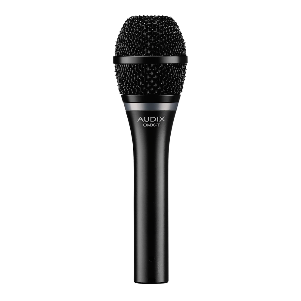 AUD OMX-T Dynamic Vocal Microphone Side View AUD OMX-T dynamic vocal microphone shown from side angle with grille and body detail