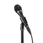 AUD OMX-T dynamic vocal microphone in live performance application with stage lighting