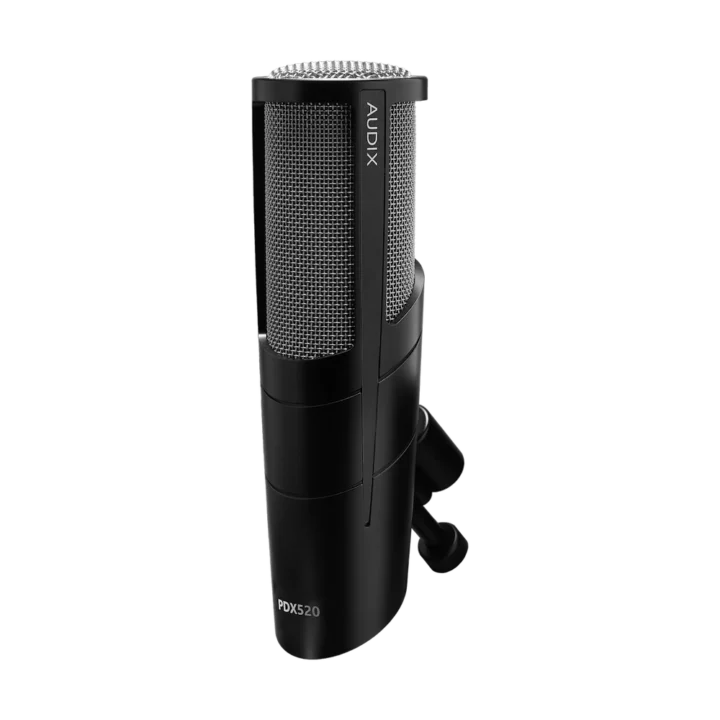 AUD PDX520 dynamic vocal microphone shown from side angle with grille and body detail