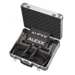 AUD piano miking system showing microphone placement and mounting hardware configuration