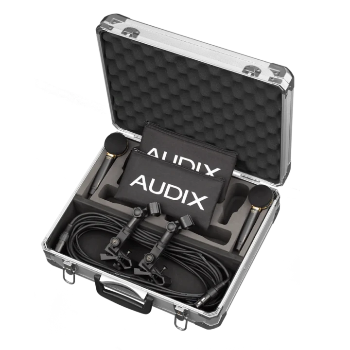 AUD piano miking system showing microphone placement and mounting hardware configuration