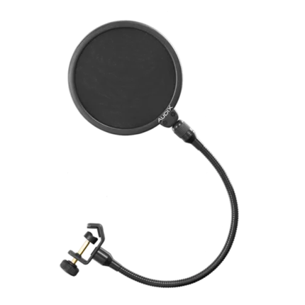 AUD pop filter microphone mesh screen showing dual-layer acoustic foam construction and mounting hardware