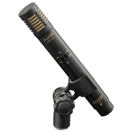 AUD professional electret condenser microphone showing pad and roll-off filter controls detail