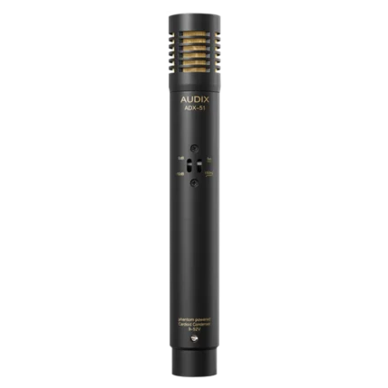 AUD professional electret condenser microphone with pad and roll-off filter, side profile showing body design