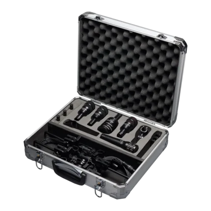 AUD professional drum microphone kit showing all seven microphones and accessories laid out