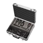 AUD professional drum microphone kit displaying all five microphones and accessories included