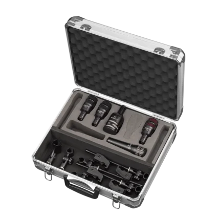 AUD professional drum microphone kit displaying all five microphones and accessories included