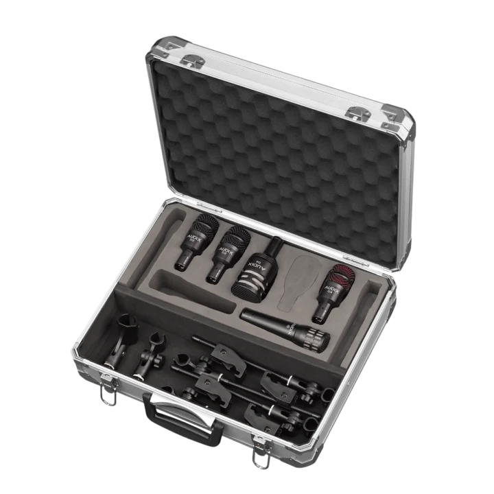 AUD professional drum microphone kit displaying all five microphones and accessories included