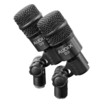 AUD professional drum microphone package with five microphones positioned on drum kit in studio setting